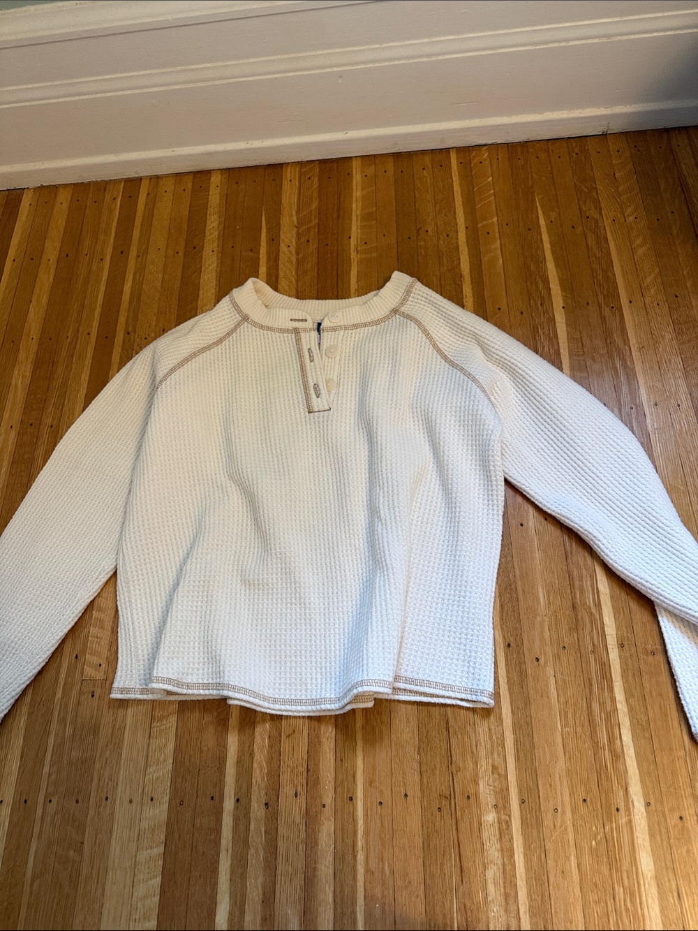 Old Navy Cream Waffle-Knit Henley with Contrast Stitching
